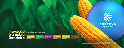 Banner da Corteva Agriscience com fundo verde e espigas de milho douradas. O texto destaca: "Inovação é a nossa Bandeira – Soluções em Cultivos", com categorias de produtos: Tratamento de Sementes, Herbicidas, Fungicidas, Inseticidas, Biológicos e Nematicidas. Logo da Corteva Agriscience e contato: www.corteva.com.br | 0800 772 2492.