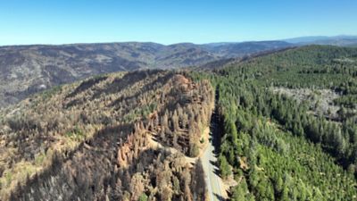 Wide overhead view of Highway 32 showing where fire stopped.