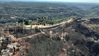 View of damage up a ridge leading to Highway 32. The fuel break across the road stopped the fire spread.