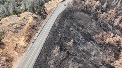 Severe charring and vegetation damage is seen on the right, compared to the fuel break area and green vegetation on the left.