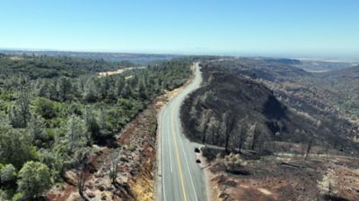 Opposite view showing almost total loss of vegetation on the right, and landscape that was spared on the left.