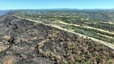 View showing how the Park Fire swept through the landscape approaching Highway 32 before encountering a shaded fuel break.
