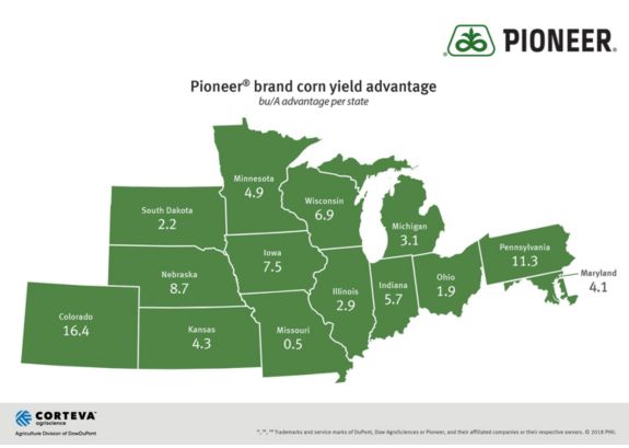 Pioneer® brand corn yield advantage - bu/a advantage per state.