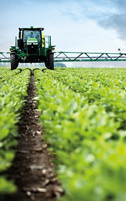 Crop sprayer in soybean field