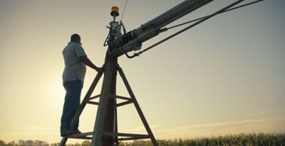 farmer overlooking fields at sunrise