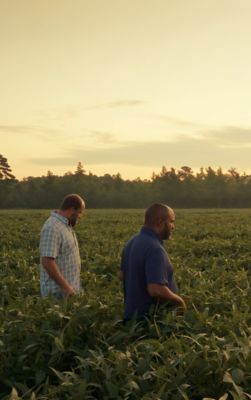 two men walking in crop field at sunrise