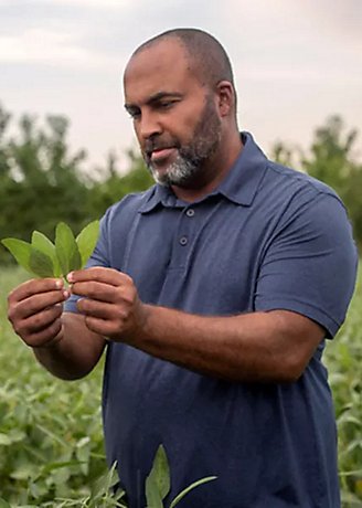 Man in crop field inspecting leaves in his hand