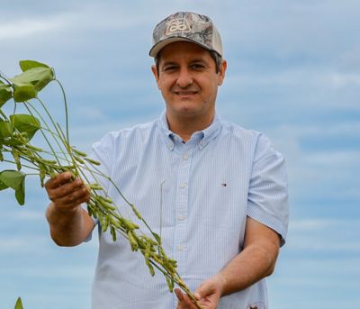 Farmer holding a soybean plant