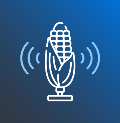 blue background with white picture of corn cob with audio symbol