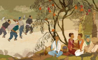 Ancient China. Tea ceremony. Traditional Chinese paintings. Tradition and culture of Asia. Farmers work in rice field. Oriental people. Classic wall drawing. Murals and watercolor asian style