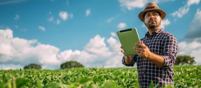 Agricultor usando um tablet para monitorar sua plantação em um campo verde, representando o uso de tecnologias digitais na agricultura moderna.