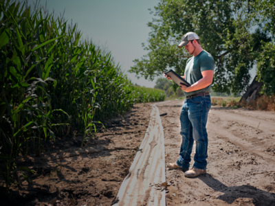 Young male farmer using tablet inspects corn crop