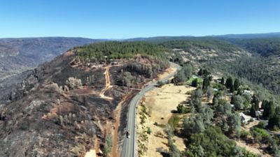 View of shaded fuel break area and clear line where fire spread stopped.