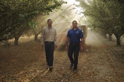 two men walking towards camera on leaf-covered lane near sunrise