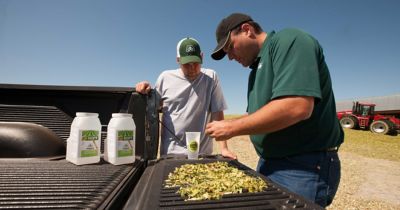 Photo - men working with forage and inoculants - labeled bottles on truckbed - Pioneer caps