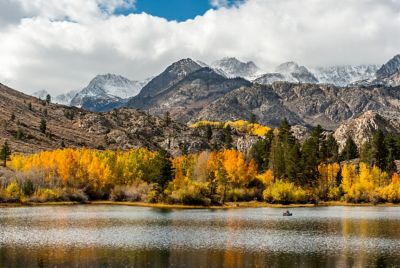 autumn scene with lake in the foreground, trees with autumn colors, and mountains in the background