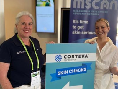 Corteva’s Kirsty Ebert (left) and dermatologist Dr Ali Lewin, who performed MSCAN skin checks at the conference.
