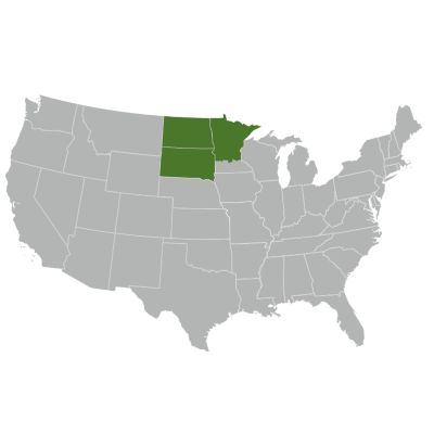 map of US with North Dakota, South Dakota and northern Minnesota colored in