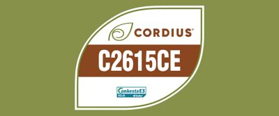 A imagem mostra um selo em formato de folha sobre fundo verde-oliva. Dentro do selo aparece a marca Cordius® com um ícone de folha, seguida pelo código “C2615CE” em destaque sobre uma faixa marrom. Na parte inferior, há o logotipo “Conkesta E3 Soja Enlist”, indicando a tecnologia associada à cultivar.