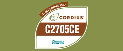 A imagem mostra um selo em formato de folha sobre fundo verde-oliva. Dentro do selo aparece a marca Cordius® com um ícone de folha, seguida pelo código “C2531E” em destaque sobre uma faixa marrom. Na parte inferior, há o logotipo  "Conkesta E3 Soja Enlist”, indicando a tecnologia associada à cultivar.