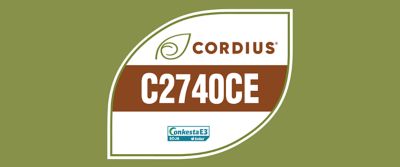 A imagem mostra um selo em formato de folha sobre fundo verde-oliva. Dentro do selo aparece a marca Cordius® com um ícone de folha, seguida pelo código “C2740CE” em destaque sobre uma faixa marrom. Na parte inferior, há o logotipo “Enlist E3 Soja Enlist”, indicando a tecnologia associada à cultivar.