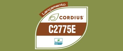 A imagem mostra um selo em formato de folha sobre fundo verde-oliva. Dentro do selo aparece a marca Cordius® com um ícone de folha, seguida pelo código “C2775E” em destaque sobre uma faixa marrom. Na parte inferior, há o logotipo “Enlist E3 Soja”, indicando a tecnologia associada à cultivar.