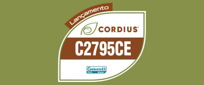 A imagem mostra um selo em formato de folha sobre fundo verde-oliva. Dentro do selo aparece a marca Cordius® com um ícone de folha, seguida pelo código “C2795CE” em destaque sobre uma faixa marrom. Na parte inferior, há o logotipo “Conkesta E3 Soja Enlist”, indicando a tecnologia associada à cultivar.