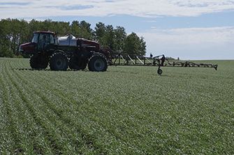 Side of sprayer in wheat field