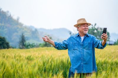 Asian senior man farmer live streaming or vlogging on smartphone in rice paddy wheat field