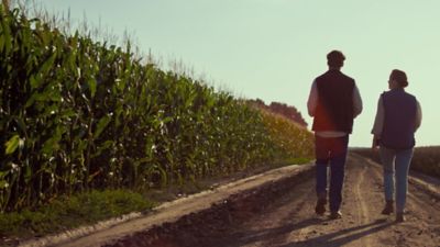 two people walking along a cornfield path