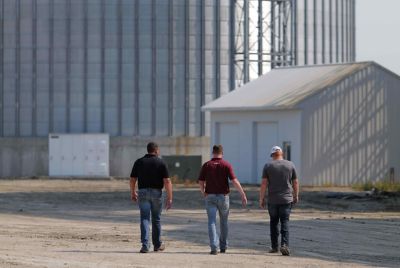 3 men walking towards grain bin
