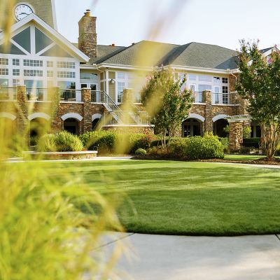 Golf clubhouse building with beautiful landscaping