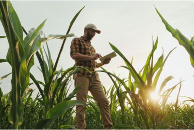 man on ipad in a corn field