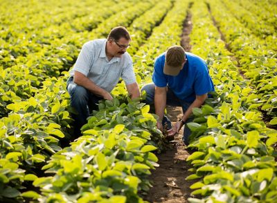 Farmer and Territory Manager examing early soybeans