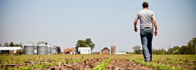 Farmer walking towards farm