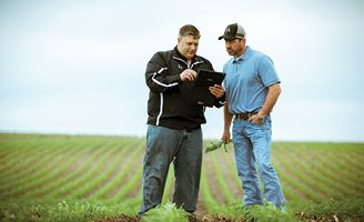 sales rep looking at ipad with customer in a field