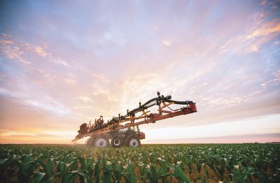 Sprayer in early corn field at sunset