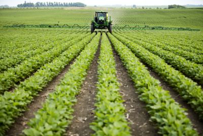 Sprayer in Enlist soybean field