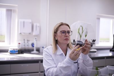 female scientist in white lab coat examining small green plant