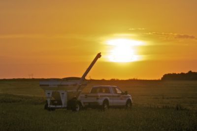 pickup truck in field at sunset with orange sky