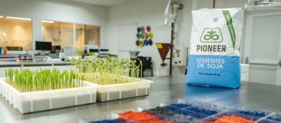 Sacaria de sementes de soja da Pioneer em um laboratório, ao lado de amostras de sementes com TSI e mudas de soja