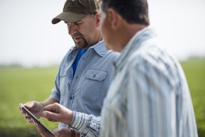 Two farmers in field with ipad