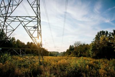 Utility tower at sunrise, clean ROW