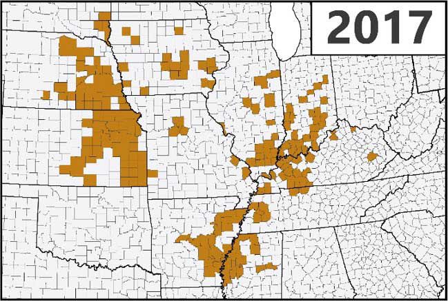 Map - U.S. - Confirmed detections of southern rust in corn through the first week of September during the 2017 growing season.