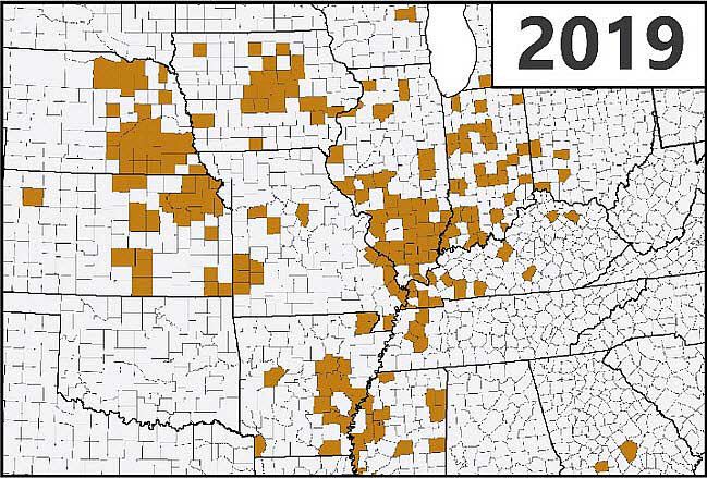 Map - Confirmed detections of southern rust in corn through the first week of September during the 2019 growing season.