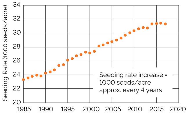 Chart showing average corn seeding rates reported by growers in North America, 1985 to 2017.