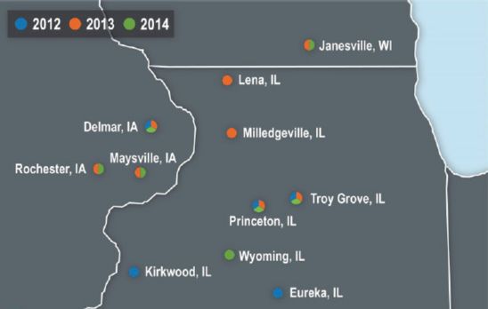 Map: Research locations in Illinois, Iowa and Wisconsin.