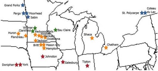 Central (red), north-central (orange), northern (green), and far-northern (blue) research sites for Pioneer planting date studies from 1987-2004.