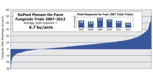 Corn yield response to foliar fungicide application in 587 Pioneer on-farm trials 2007 to 2012.