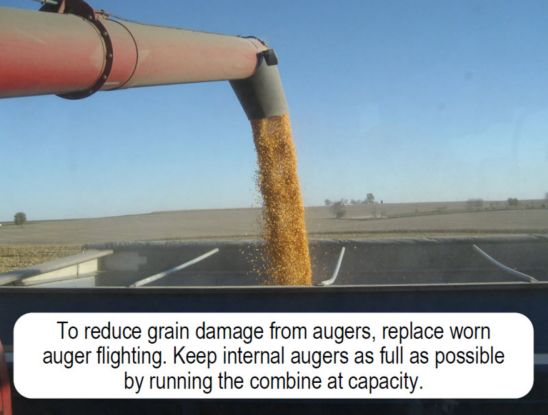 To reduce grain damage from augers, replace worn auger flighting. Keep internal augers as full as possible by running the combine at capacity.